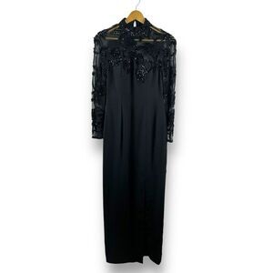 Scala Collection 8 High Neck Beaded Mesh Sleeve Maxi Dress Black Victorian Goth